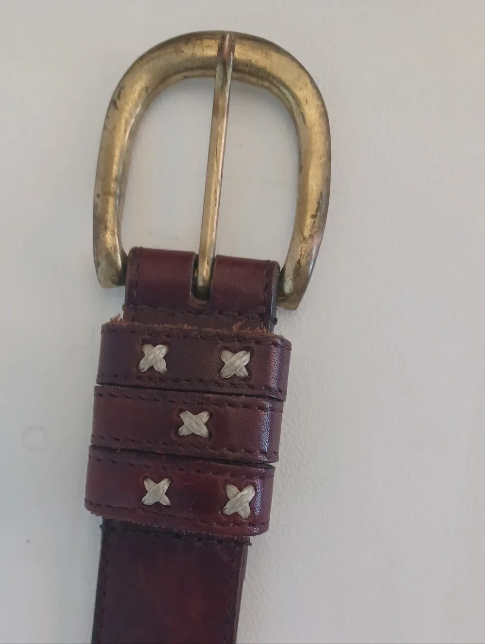 Vtg The Ritz Genuine Leather Belt Brown Brass Loop Cross Stitch Size 29 Boho 90s